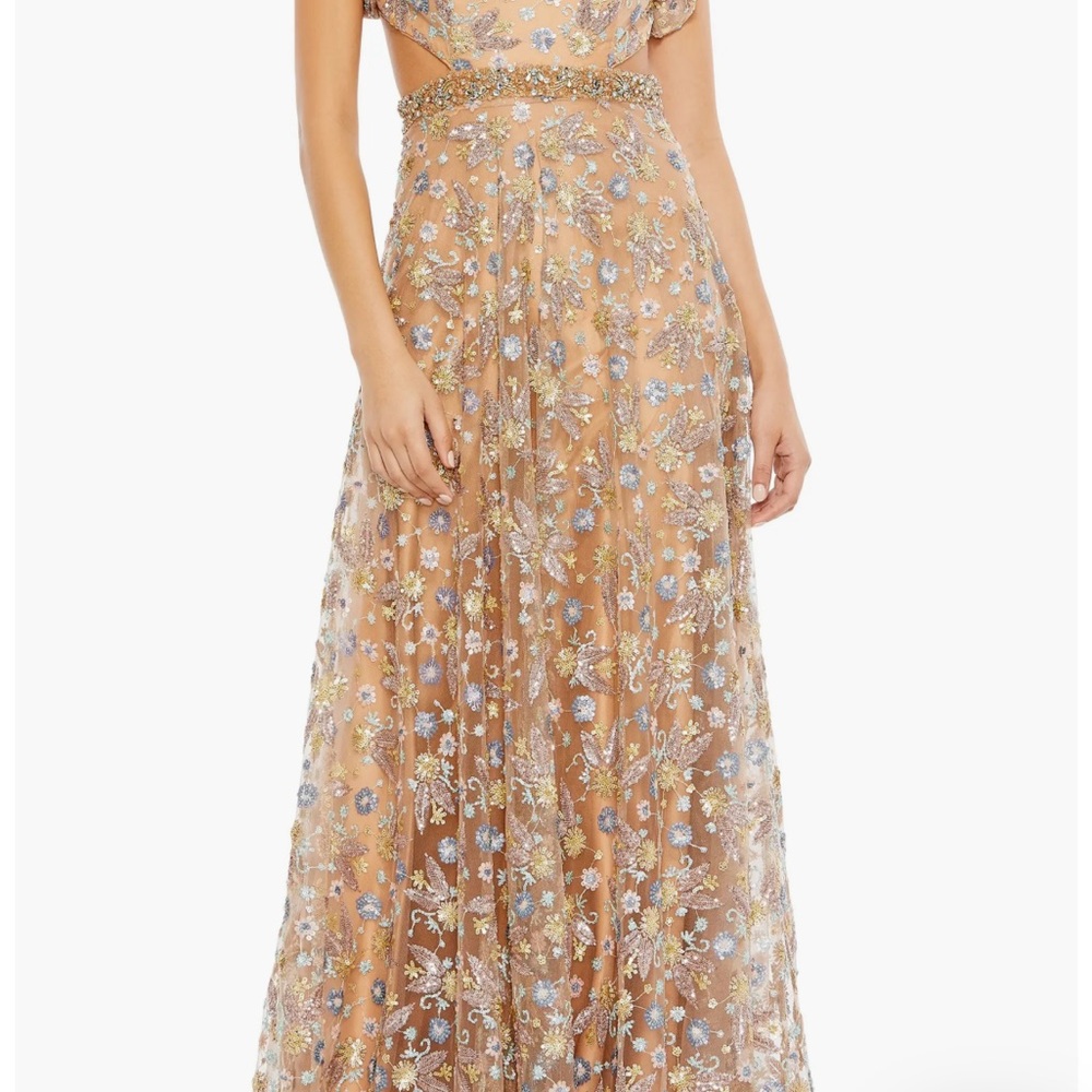 Mac Duggal-Beaded Butterfly Sleeve Open Back Gown